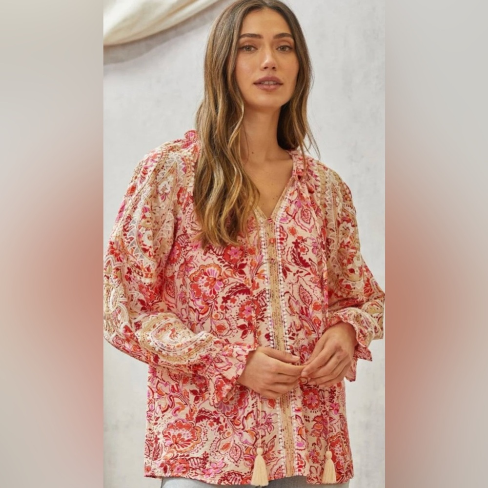 Savanna Jane Pink and Cream Floral Boho Blouse